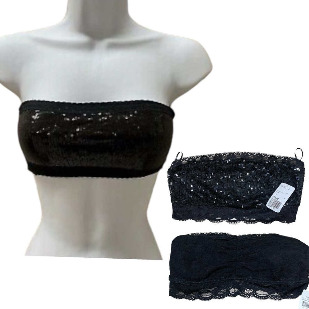 Bandeau Black Cropped Tops Bras Sequence And Lace Set of 2 Size Large / XL